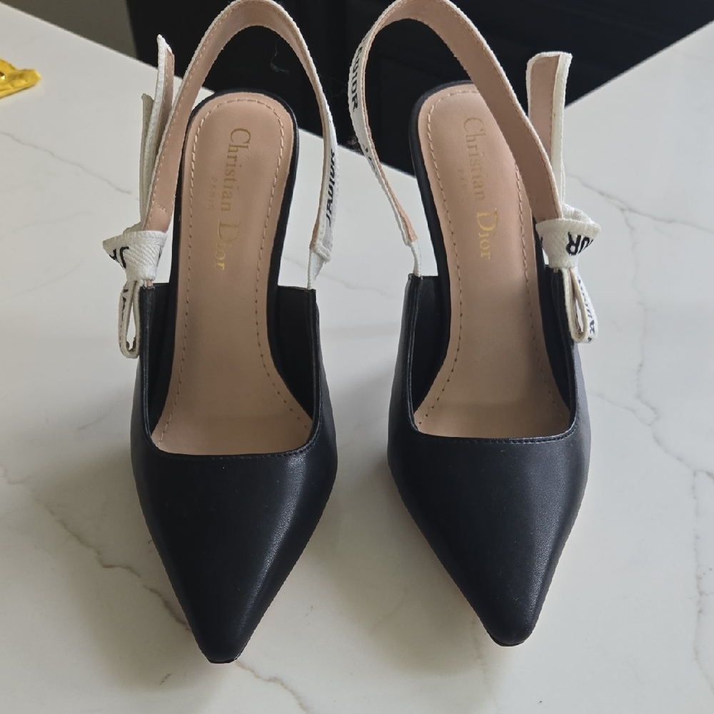 Dior Black Pointed-Toe Slingback Mules with Cream Ribbon